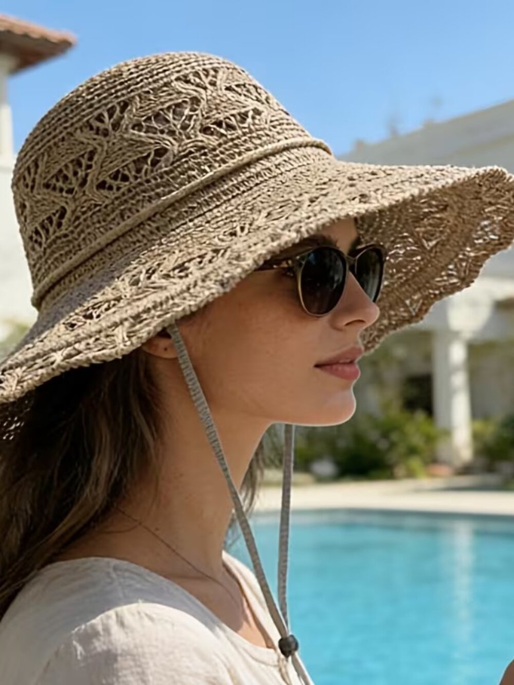Wide Brim Beach Sun Hat Small Open Lace Weave Khaki Breathable Lace Flower HT26.